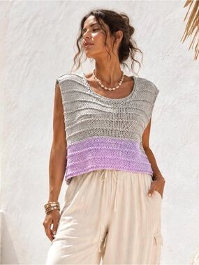 Handmade Organic Cotton Knit Top XL Oversized Boho Gray Lilac Sleeveless
